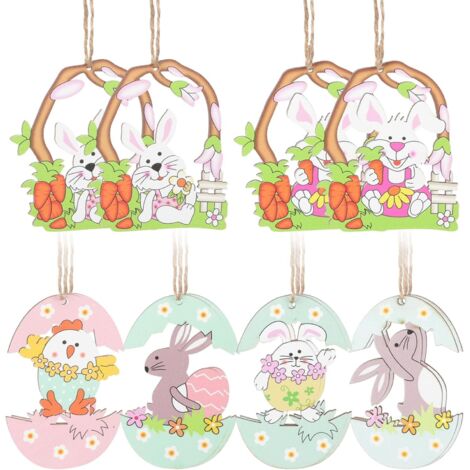 12 décorations de Pâques en bois à suspendre, lapin et (1/5)