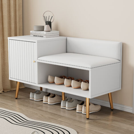 Keepbuying – Meuble à chaussures moderne blanc – Rangement avec banquette rembourrée – Poignées et pieds en métal – 100 x 38 x 58 cm (1/5)