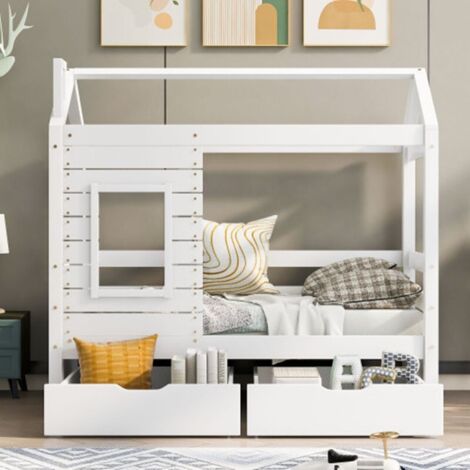 Keepbuying – Lit cabane enfant 80 x 160 cm en pin massif blanc – Fenêtres antichute – Sommier à lattes – Rangement sous le lit (1/5)