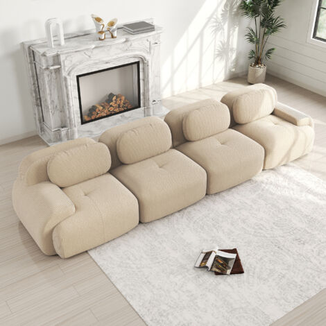 Canapé Modulable 4 Places en Velours Côtelé,Ergonomique 32D hautement élastique et Résistant,Base Anti-Dérapant,Sans assemblage Beige