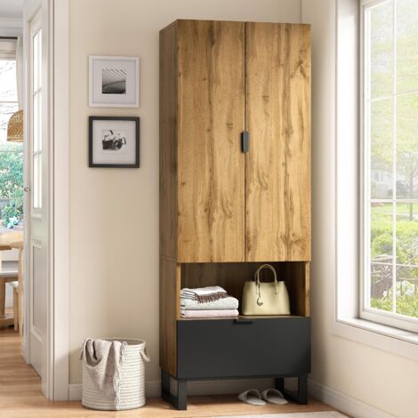 Yoleo – Meuble d'entrée armoire penderie 180x38x65cm – 1 tiroir – Compartiment ouvert et étagères réglables – Design bois noir et chêne