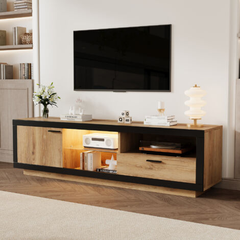 Meuble TV LED Conception unique,Console TV lowboard moderne avec étagères en verre,Noir et chêne,160 x 40 x 50cm (1/5)