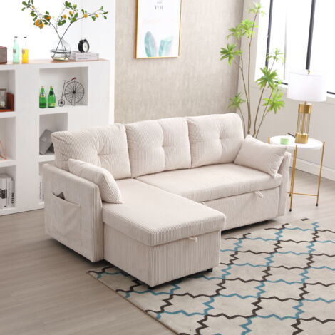 Yoleo – Canapé d'angle 3 places convertible avec coffre de rangement – Tissu rayé durable – Dimensions 206x130x66-88cm – Style moderne