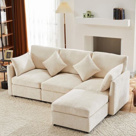 Yoleo – Canapé d'angle réversible 3 places en tissu chenille – Confortable en L – Dimensions 216 x 161 x 81 cm – Capacité 150 kg par siège – Beige