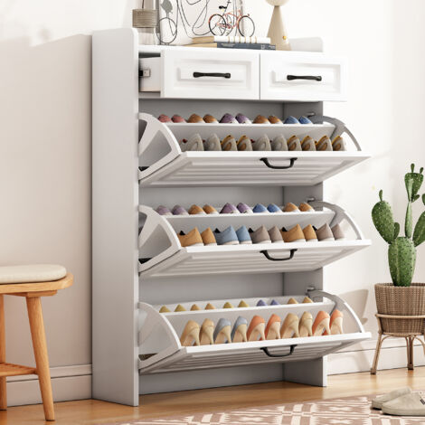 Keepbuying – Meuble à chaussures pivotant en bois blanc – 2 tiroirs et 3 étagères – Dimensions 80 x 23.5 x 125 cm – Dispositif anti-basculement inclus (1/5)