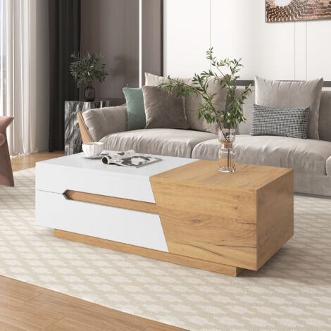 Neche – Table basse relevable avec 2 tiroirs – Mécanisme coulissant – Rangement spacieux – Décor blanc et bois naturel – 120 x 50 x 37,5 cm