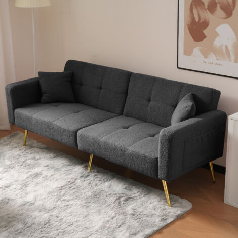 Yoleo – Canapé-lit convertible 2 places en peluche d’agneau – Pieds en métal – Poches de rangement – 175x64x72cm – Gris foncé