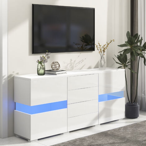 Yoleo – Meuble TV moderne 2 portes acrylique – Buffet avec éclairage LED – 4 tiroirs – Dimensions 140x35x72cm – Finition brillante – Pour téléviseurs jusqu'à 65 pouces (1/5)