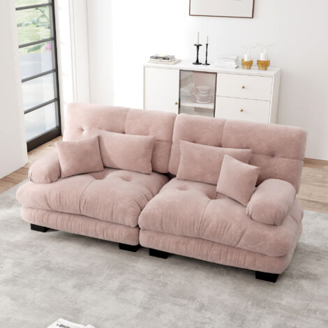 Canapé modulable 2 Places,Tissu en Chenille,Cadre en Bois Massif,Pieds en plastique,2 Coussins lombaire + 2 Coussins déco,Rose