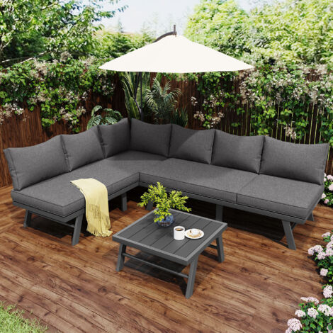 Keepbuying – Salon de jardin en aluminium 5-6 places – Canapés avec coussins amovibles – Table en plastique robuste – Gris foncé