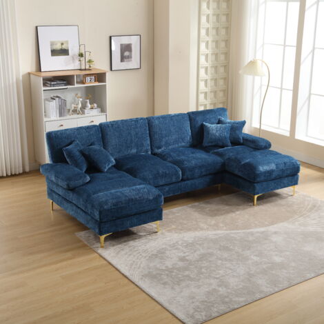 Yoleo – Canapé d'angle 5 places en tissu chenille – Canapé en forme de U avec 4 coussins – Confort ergonomique et cadre en bois massif – Bleu