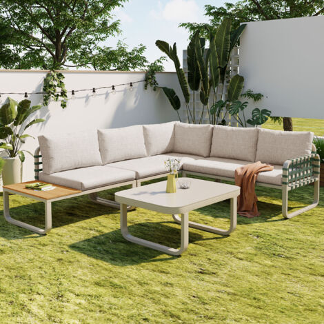 Salon de jardin 5 places moderne en cuir vert + rotin,Ensemble de meubles d’extérieur,pour Balcon,Jardin et Terrasse,Beige