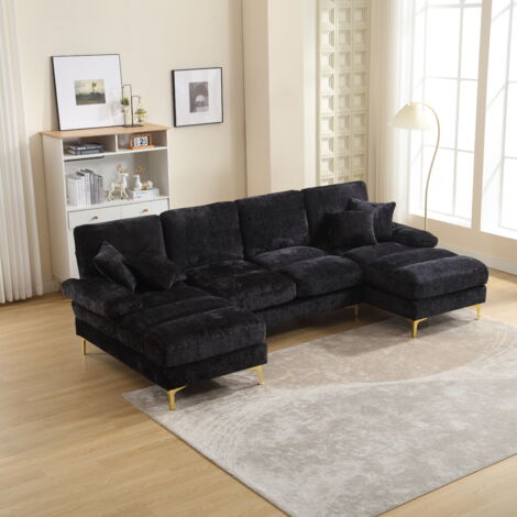 Yoleo – Canapé d'angle 5 places en tissu chenille – Canapé en forme de U avec 4 coussins – Confort ergonomique et cadre en bois massif – Noir