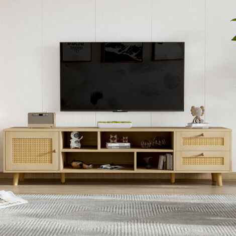Meuble TV Porte en Rotin 160 cm,Commode bas Pour téléviseur 70" - 5 compartiments de rangement et 2 tiroirs (1/5)