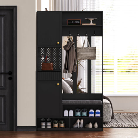 Neche – Ensemble de meubles d'entrée avec 4 crochets, tiroirs et banc rembourré – Dimensions 100L x 180H x 35P cm – MDF noir durable