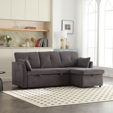 Yoleo – Canapé d'angle 3 places convertible avec coffre de rangement – Tissu en laine rayé – Dimensions 206x130x66-88cm – Style moderne gris foncé
