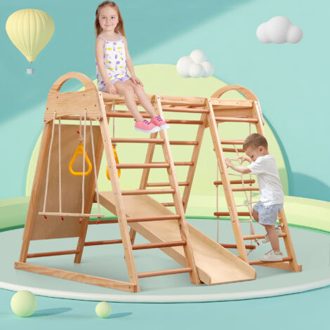 Aire de jeux multifonctionnelle 7 en 1,avec balançoire,échelle,toboggan,mur d'escalade,pierre d'escalade en plastique,Bois contreplaqué et bois de hêtre (1/5)