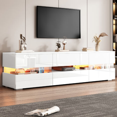 Neche – Meuble TV blanc brillant moderne avec éclairage LED – 2 portes avec insert en verre – Compartiment ouvert – 160L x 39l x 45H cm (1/5)