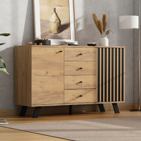 Buffet de salon 120x38x75 cm,Meuble design naturel avec 4 Tiroirs + 2 Portes,Commode polyvalent,Couleur bois et Noir