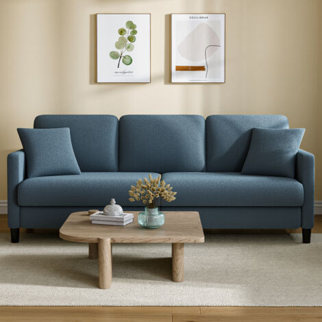 Neche – Canapé droit 3 places en velours Teddy – Confort en bois massif avec accoudoirs – Dimensions 210L x 79P x 89H cm – Couleur bleu