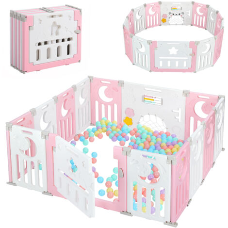 Yoleo – Parc bébé modulable 12+2 panneaux – Barrière de sécurité pliable en plastique écologique – Dimensions 150x150x62cm – Couleur rose