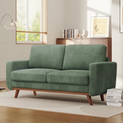 Yoleo – Canapé droit 2 places en velours côtelé – Cadre en bois massif – Profondeur d'assise 54 cm – Dimensions 173x76x89 cm – Couleur verte moderne (1/5)