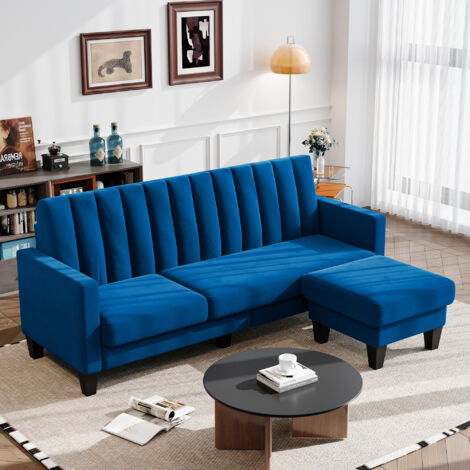 Yoleo – Canapé sectionnel réversible 3 places en velours – Configuration 5 en 1 – Confort optimal avec mousse haute densité – Dimensions 208 x 140 x 85cm – Bleu