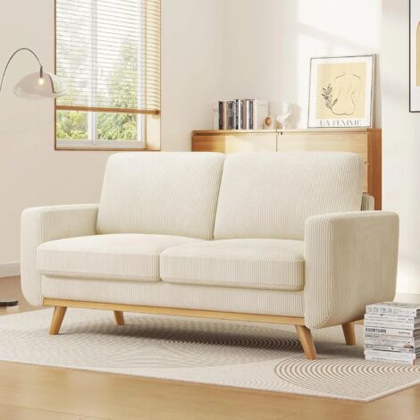 Yoleo – Canapé droit 2 places en velours côtelé – Siège extra profond 54 cm – Pieds en bois massif – Dimensions 173x76x89 cm – Couleur beige