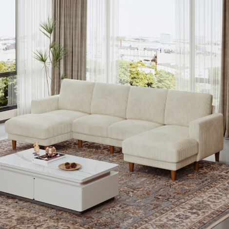 Neche – Canapé d'angle en U 4 places – Tissu velours côtelé respirant – Confort optimal – Dimensions 269x140x86cm – Couleur beige élégante
