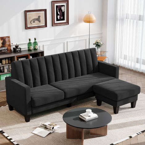 Yoleo – Canapé d'angle réversible 3 places en velours noir – Repose-pieds amovible – Dimensions 208 x 140 x 85 cm – Confort optimal pour salon (1/5)