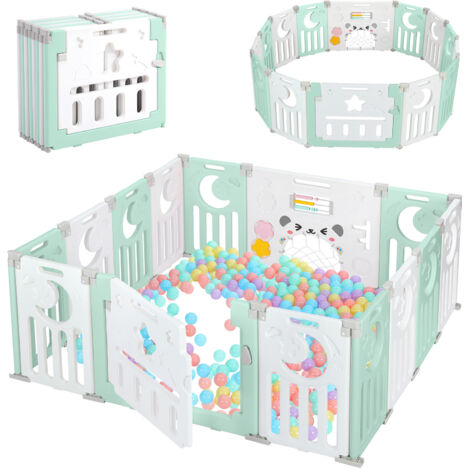 Yoleo – Parc bébé modulable 12+2 panneaux – Barrière de sécurité avec porte – Grille de protection en plastique écologique – 150x150x62cm – Vert