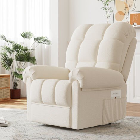 Neche – Fauteuil relax électrique en velours teddy – Inclinaison réglable 75-150° – Repose-pieds intégré – Port USB – Beige