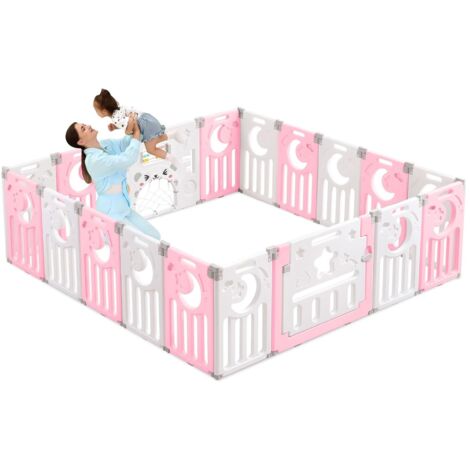 Neche – Parc bébé 16+2 panneaux – Barrière de sécurité avec porte – Grille de protection en plastique écologique – Dimensions 190x190cm – Couleur rose