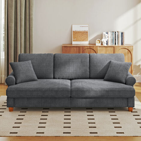 Yoleo – Canapé droit 3 places en tissu chenille – Accoudoirs aérodynamiques – Dossier rembourré en coton de soie – Dimensions 220 x 74 x 86cm – Gris