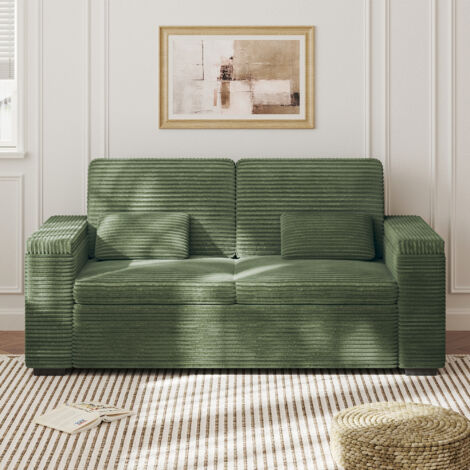 Neche – Canapé droit 2 places vert en velours côtelé XXL – Accoudoirs avec rangements – Hauteur 84 cm – Lavable en machine – Structure en bois massif