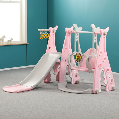 Neche – Toboggan 3 en 1 avec balançoire et panier de basket – Polypropylène – Pour intérieur et extérieur – Dimensions adaptées aux enfants