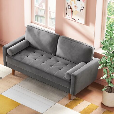Keepbuying – Canapé 2 places en velours gris – Canapé à bras roulés – Dimensions 148L x 78l x 85H cm – Confort moyen avec coussins rembourrés