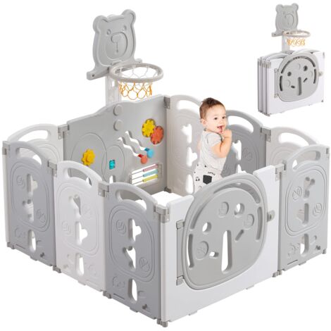 Yoleo – Parc bébé pliable 8+2 panneaux – Barrière de sécurité avec panier de basket – Centre d'activités sécurisé – Plastique non toxique – 114x114x60cm