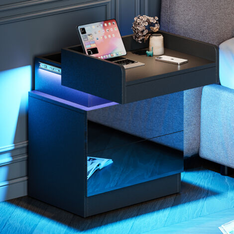 Yoleo – Table de chevet avec bande LED multicolore – 2 tiroirs de rangement – Dimensions 45x33.5x58cm – Structure stable en aggloméré noir
