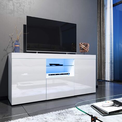 Keepbuying – Meuble TV moderne blanc avec LED – 135x33.5x70cm – 3 portes et étagères en verre – Finition brillante et facile à nettoyer