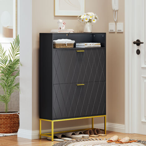 Yoleo – Meuble à chaussures noir 80x24x117cm – Armoire à chaussures 12-16 paires – MDF robuste avec 2 tiroirs rabattables – Design élégant pour couloir