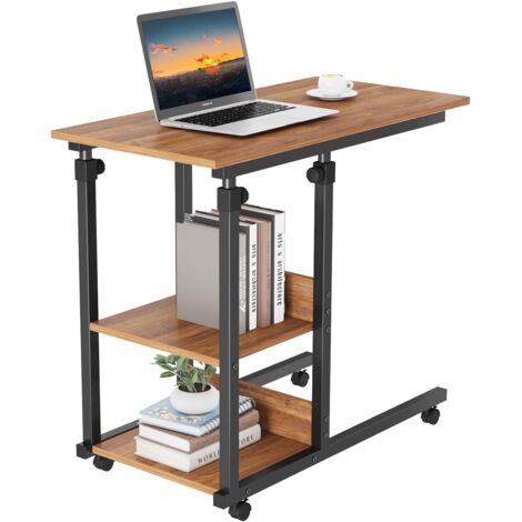 Keepbuying – Table d'appoint mobile réglable en hauteur – 68 à 89 cm – avec roulettes orientables et étagères de rangement – Noyer (1/5)