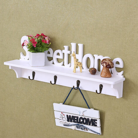 Étagère Murale de Rangement en Bois,Sweet Home Porte-Manteau Mural avec 4 Crochets Salon Chambre Bureau,47 x 8cm,Blanc (1/5)