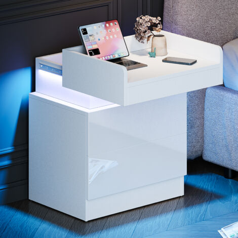 Yoleo – Table de chevet LED avec 2 tiroirs de rangement – Éclairage multicolore réglable – Dimensions 45x33.5x58cm – Structure stable en aggloméré blanc (1/5)