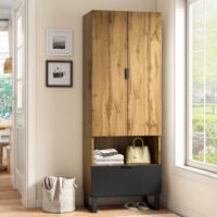 Yoleo – Meuble d'entrée armoire penderie 180x38x65cm – 1 tiroir – Compartiment ouvert et étagères réglables – Design bois noir et chêne