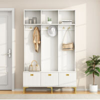 Ensemble de meubles d'entrée avec banc de rangement multifonctionnel,Rangement ouvert,6 Crochets et pieds dorés,armoire chambre,Blanc