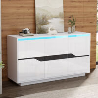 Buffet de salon Brillant Blanc et Noir avec LED,3 Portes,Commode Étagères réglables,Sans poignées,Meuble d'appoint de canapé,140x40x76cm