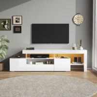 Meuble TV blanc brillant 192 x 37 x 53 cm,3 Portes abattantes et LED,Buffet bas Table TV Commode TV Moderne