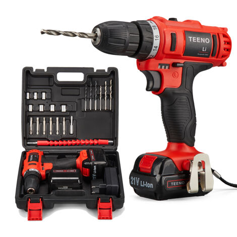 Teeno – Perceuse-visseuse sans fil 21V avec 2 batteries 1.5Ah – Couple 40Nm – Vitesse 0-1550 min⁻¹ – Mandrin auto-serrant 10 mm – Kit 21 accessoires