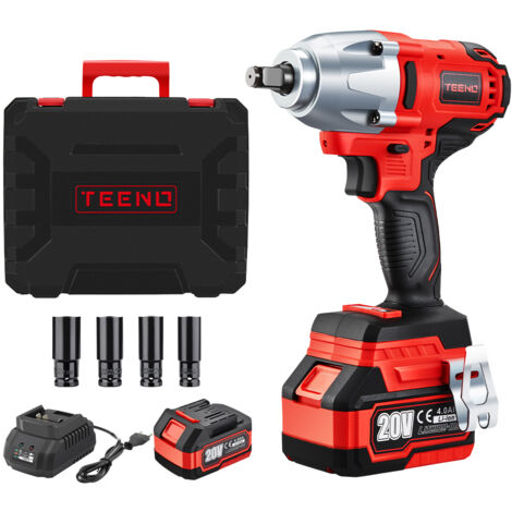 Teeno – Clé à chocs sans fil 20V 600Nm – Moteur Brushless – 4.0Ah avec 4 douilles 17/19/21/22mm – Pour travaux automobiles et domestiques - FIL 600 NM
